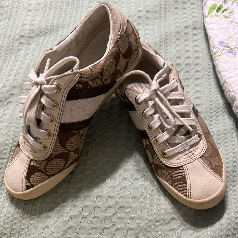 Coach Brown and Cream Sneakers with Monogram Design